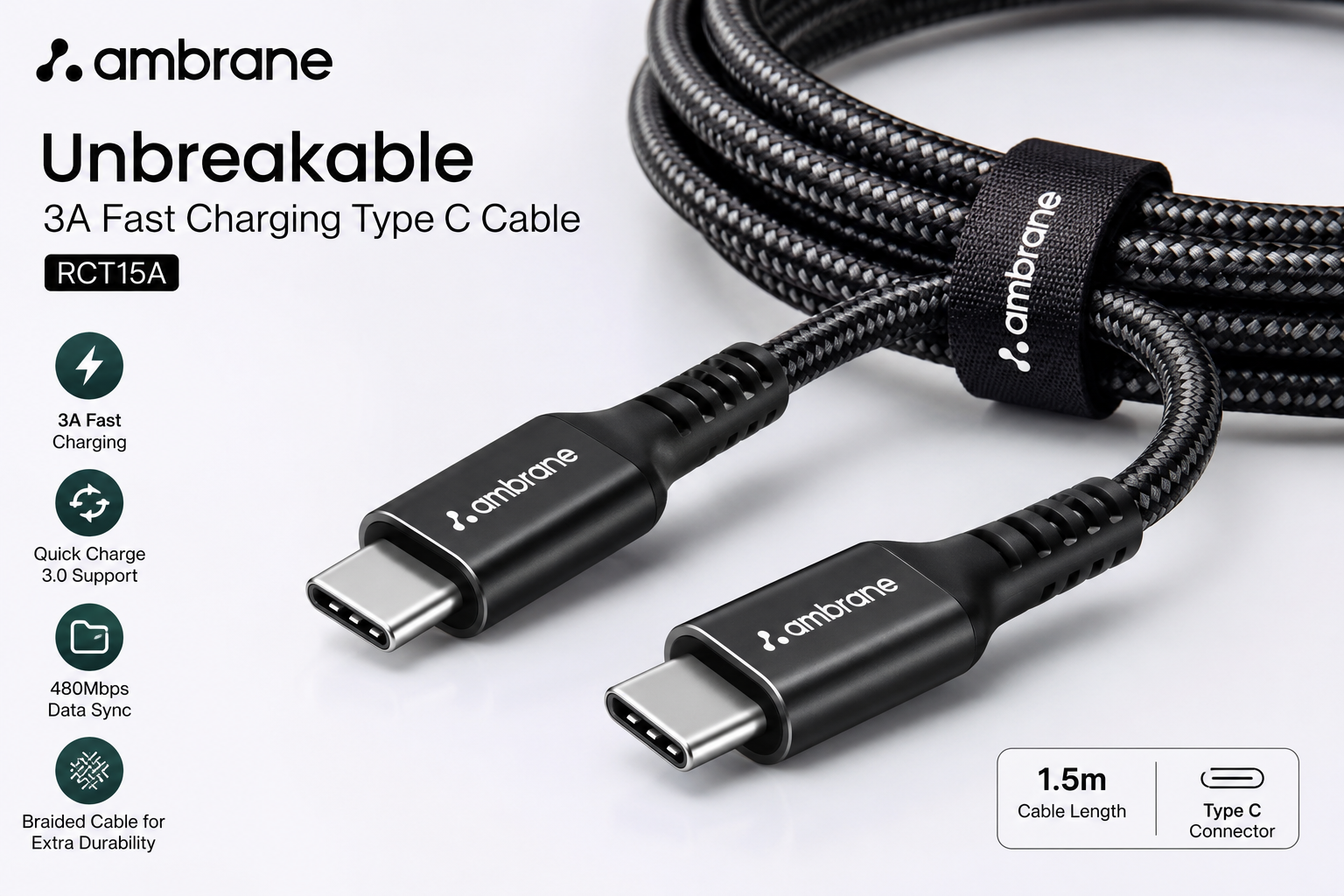 Ambrane Unbreakable 3A Fast Charging Type C Cable 1.5m – Braided USB C Cable with Quick Charge 3.0 & 480Mbps Data Sync for Smartphones and Tablets